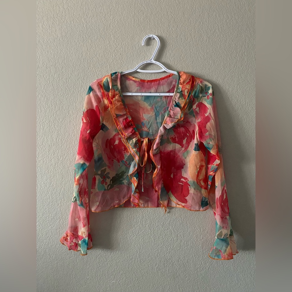 Floral Ruffle Tie Front Top